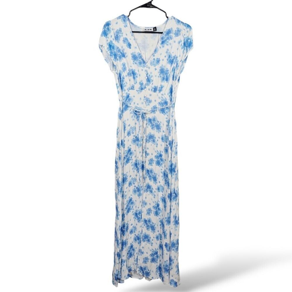 Rixo Aspen Crepe Maxi Dress XS White Blue Floral Cottagecore Coquette Coastal‎